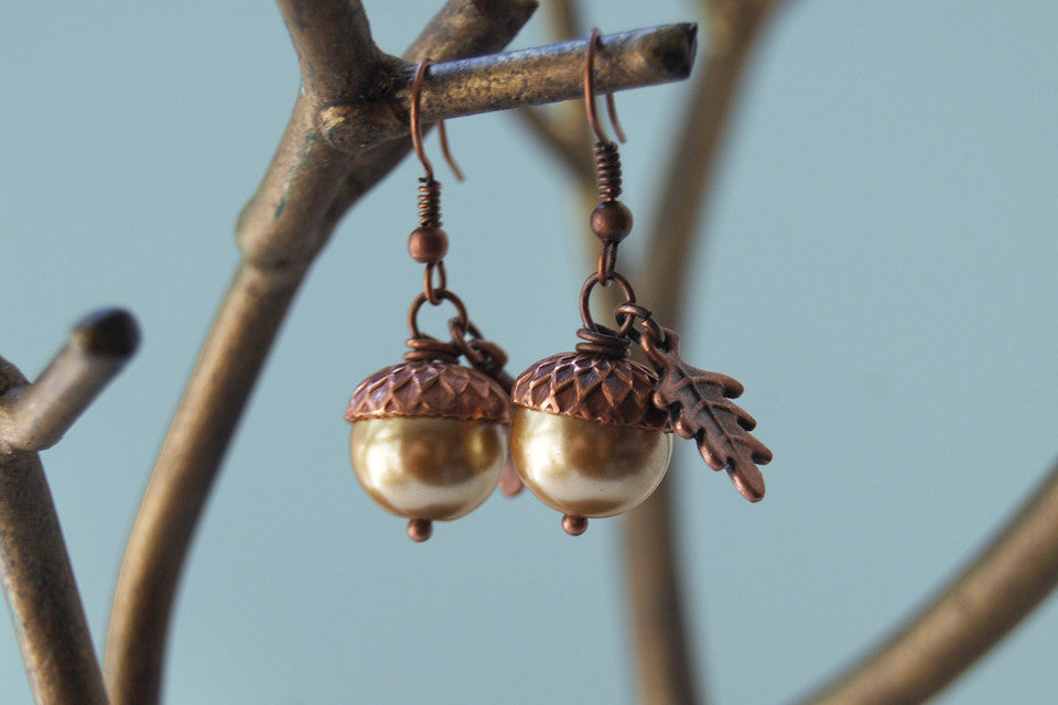 Copper Acorn Earrings | Pearl or Gemstone Acorn Charm Earrings | Fall Earrings | Nature Jewelry - Enchanted Leaves - Nature Jewelry - Unique Handmade Gifts