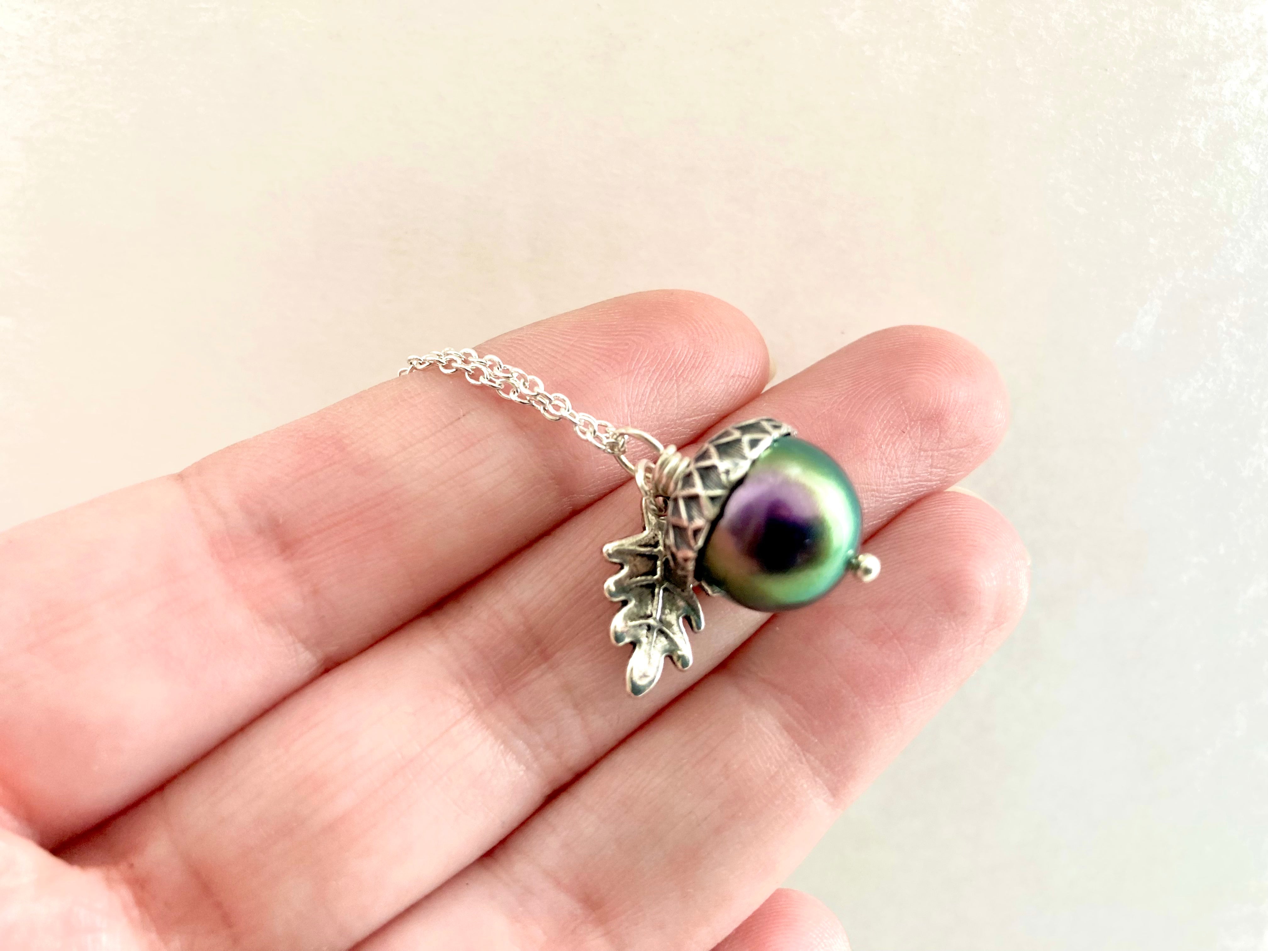 Silver Bewitched Magic Acorn Necklace | Iridescent Purple and Green Acorn Pendant | Forest Nature Jewelry