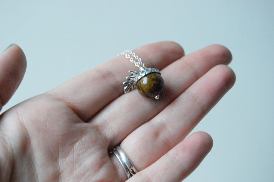 Brown Jasper and Silver Acorn Necklace | Gemstone Acorn Charm Necklace | Cute Autumn Necklace | Nature Jewelry - Enchanted Leaves - Nature Jewelry - Unique Handmade Gifts