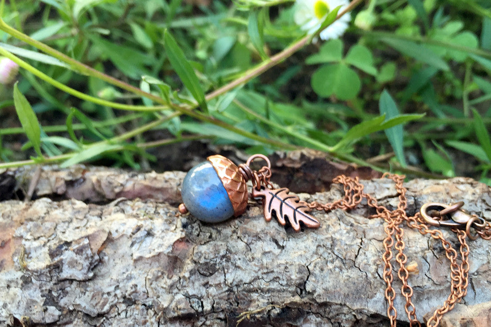 Labradorite and Copper Acorn Necklace | Cute Nature Acorn | Forest Acorn Necklace | Nature Jewelry - Enchanted Leaves - Nature Jewelry - Unique Handmade Gifts
