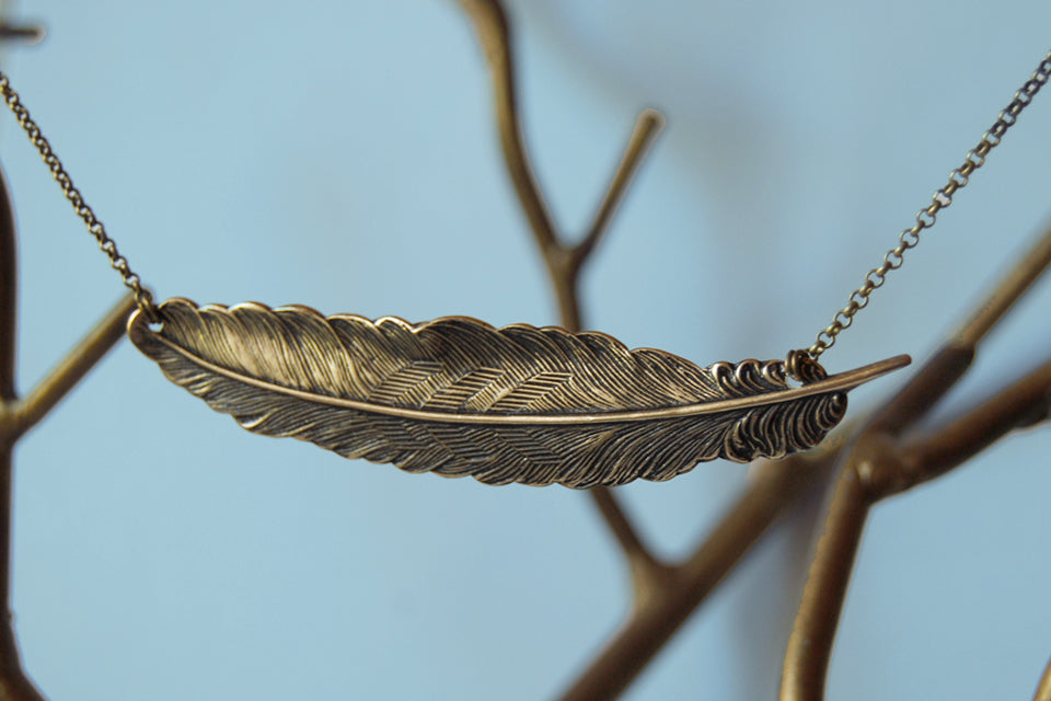 Large Brass Feather Necklace | Feather Pendant | Boho Jewelry - Enchanted Leaves - Nature Jewelry - Unique Handmade Gifts