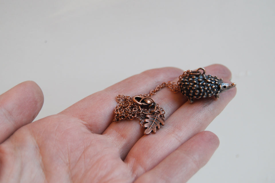 Large Copper Hedgehog Necklace | Cute Hedgehog Charm Necklace | Hedgie Pendant - Enchanted Leaves - Nature Jewelry - Unique Handmade Gifts