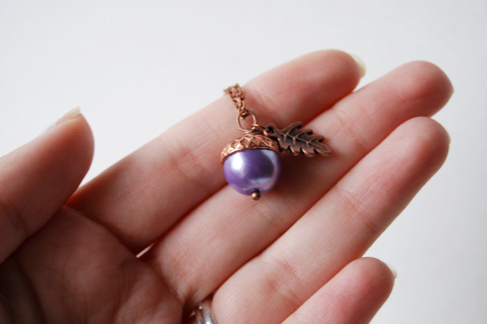 Lilac and Copper Pearl Acorn Necklace | Cute Nature Acorn Charm Necklace | Forest Acorn Necklace | Woodland Pearl Acorn | Nature Jewelry - Enchanted Leaves - Nature Jewelry - Unique Handmade Gifts