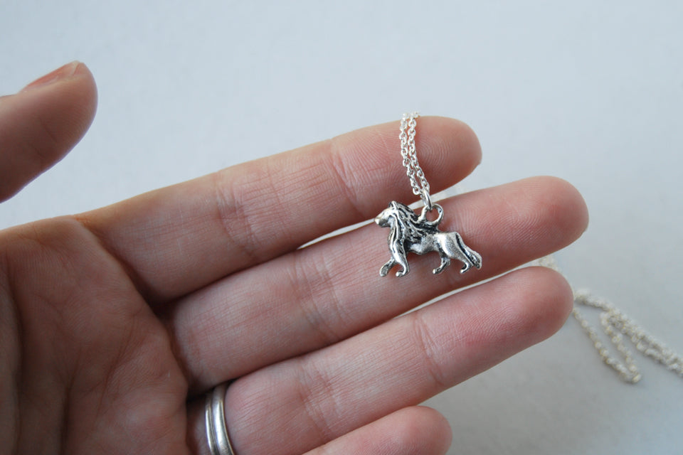 Little Lion Necklace | Silver Lion Charm Necklace | Wild Animal Pendant - Enchanted Leaves - Nature Jewelry - Unique Handmade Gifts