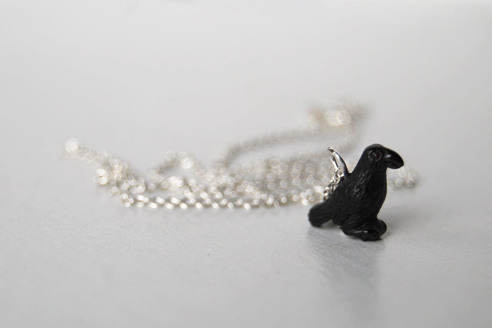 Little Crow Necklace | Black Bird Charm Necklace - Enchanted Leaves - Nature Jewelry - Unique Handmade Gifts