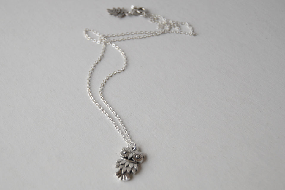 Little Owl Necklace | Woodland Silver Owl Charm Necklace | Fall Jewelry - Enchanted Leaves - Nature Jewelry - Unique Handmade Gifts