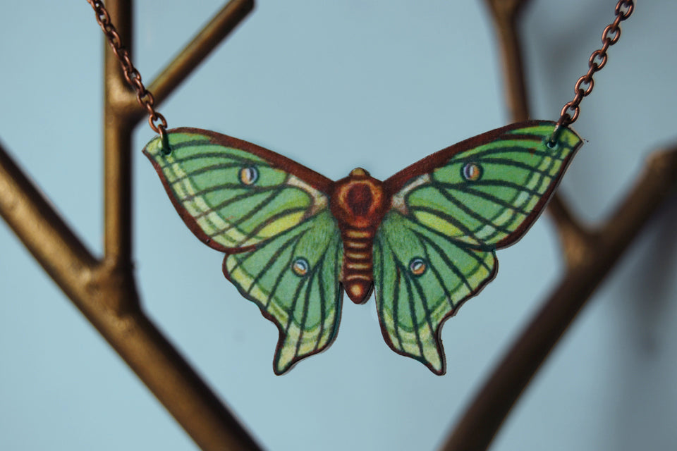 Spanish Luna Moth Necklace | Green Moth Pendant | Woodland Forest Moth Necklace