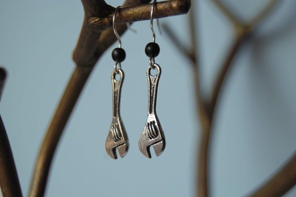 Little Monkey Wrench Earrings | Wrench Charm Earrings | Silver Tool Jewelry - Enchanted Leaves - Nature Jewelry - Unique Handmade Gifts