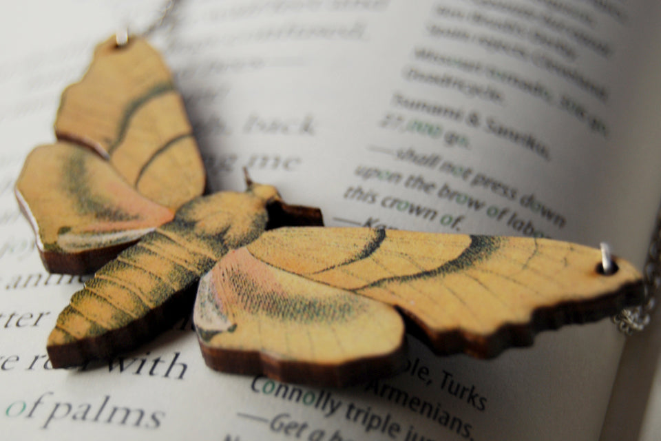 Oak Hawk Moth Necklace | Woodland Yellow Moth Necklace | Forest Moth Pendant - Enchanted Leaves - Nature Jewelry - Unique Handmade Gifts