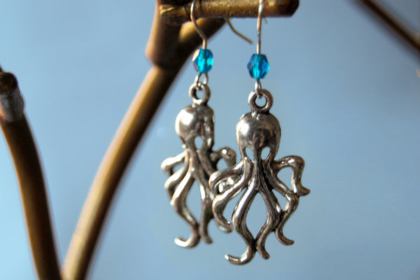 Octopus Earrings | Silver Octopus Charm Earrings | Nautical Jewelry - Enchanted Leaves - Nature Jewelry - Unique Handmade Gifts