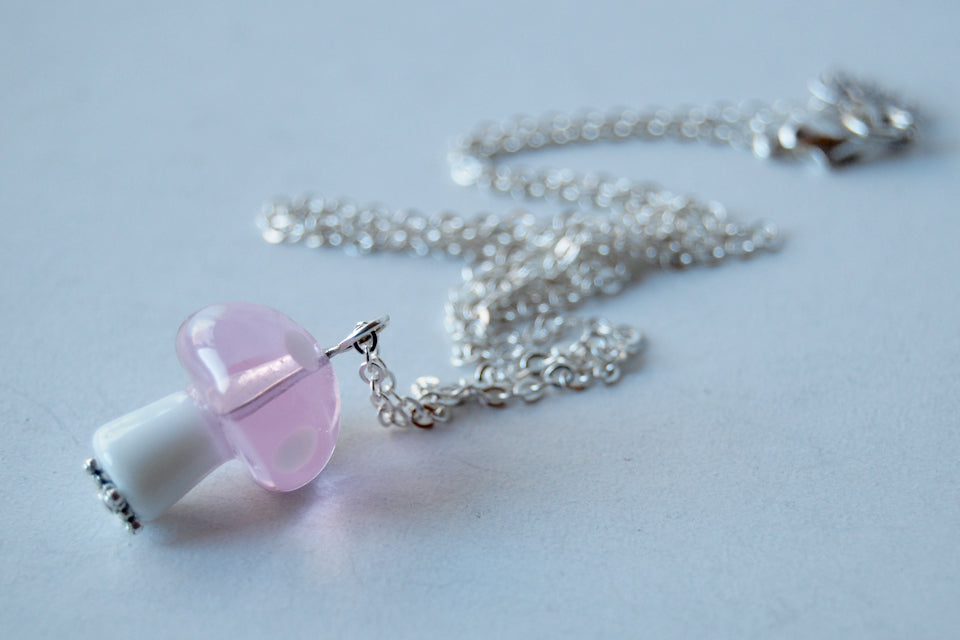 Pink Princess Toadstool Mushroom Necklace | Glass Mushroom Charm Necklace - Enchanted Leaves - Nature Jewelry - Unique Handmade Gifts