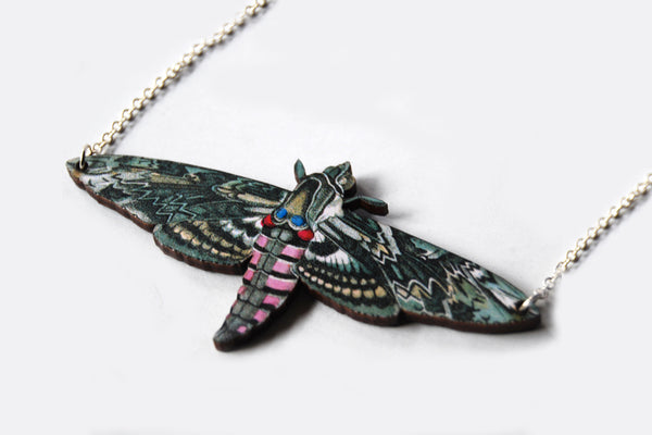 Pink Spotted Hawk Moth Necklace | Beauitful Moth Pendant | Wooden Moth Necklace - Enchanted Leaves - Nature Jewelry - Unique Handmade Gifts