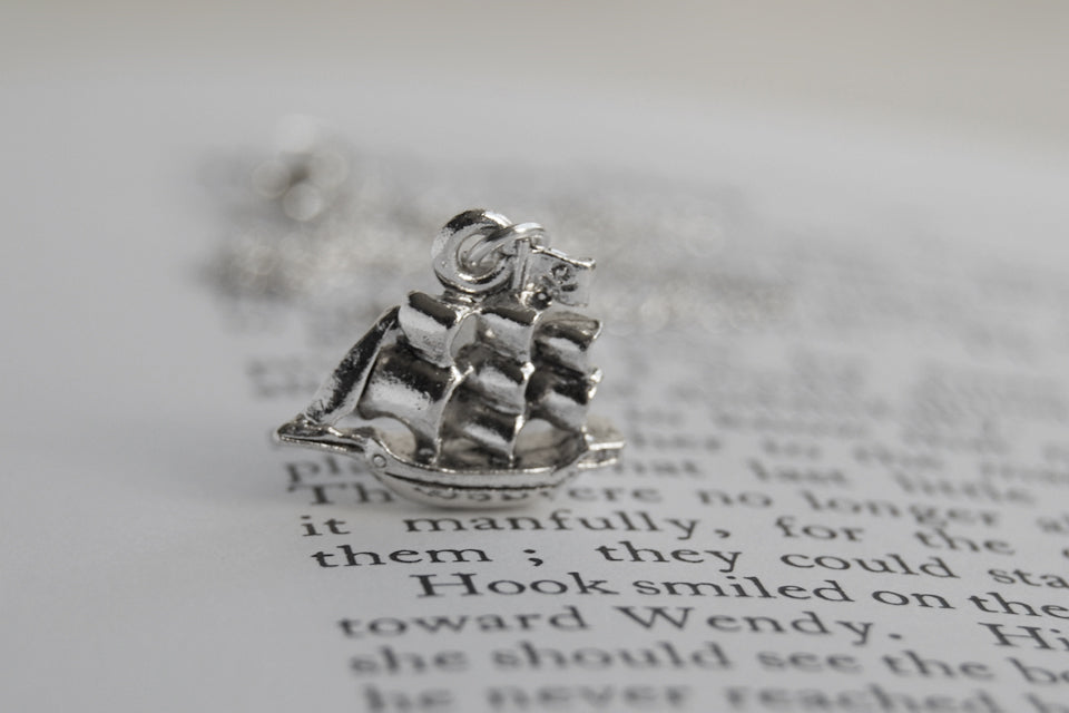 Jolly Roger Pirate Ship Necklace | Silver Ship Charm Necklace | Peter Pan Pirate Ship - Enchanted Leaves - Nature Jewelry - Unique Handmade Gifts
