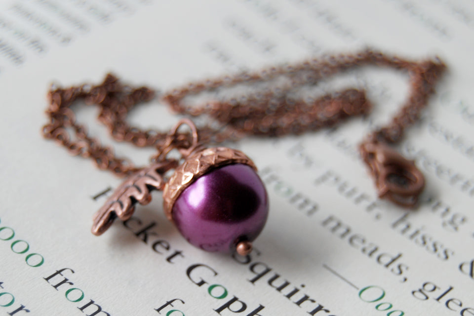 Plum & Copper Acorn Necklace | Nature Jewelry | Woodland Pearl Acorn | Fall Acorn Charm Necklace - Enchanted Leaves - Nature Jewelry - Unique Handmade Gifts