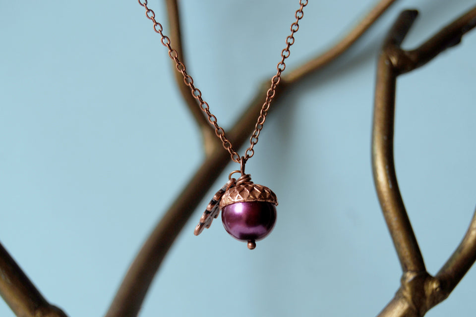 Plum & Copper Acorn Necklace | Nature Jewelry | Woodland Pearl Acorn | Fall Acorn Charm Necklace - Enchanted Leaves - Nature Jewelry - Unique Handmade Gifts