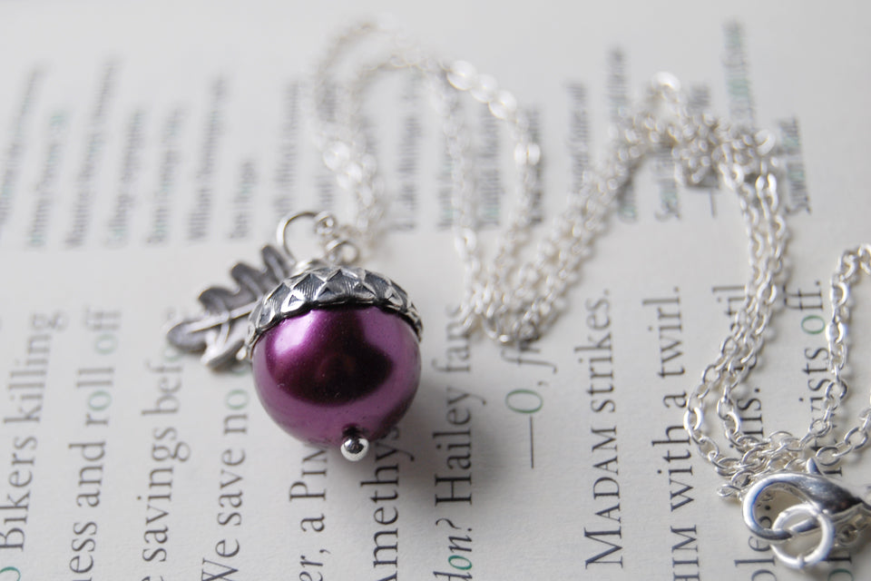 Plum & Silver Acorn Necklace | Nature Jewelry | Woodland Pearl Acorn | Fall Acorn Charm Necklace - Enchanted Leaves - Nature Jewelry - Unique Handmade Gifts
