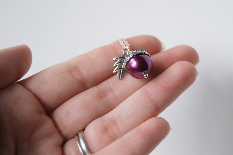 Plum & Silver Acorn Necklace | Nature Jewelry | Woodland Pearl Acorn | Fall Acorn Charm Necklace - Enchanted Leaves - Nature Jewelry - Unique Handmade Gifts