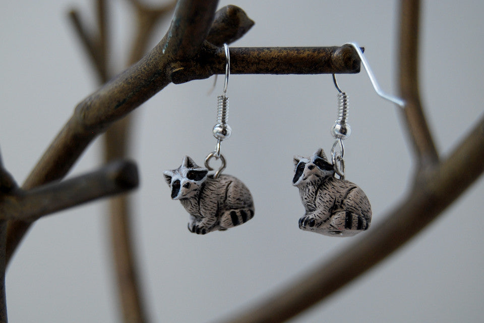 Little Raccoon Earrings | Raccoon Charm Earrings | Woodland Jewelry - Enchanted Leaves - Nature Jewelry - Unique Handmade Gifts