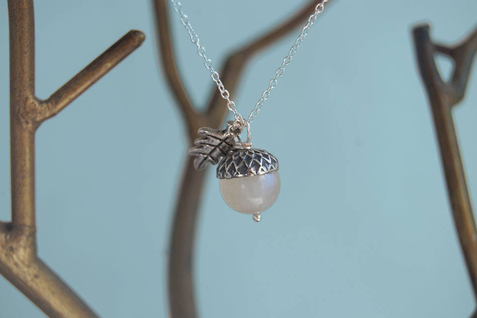 Rainbow Moonstone and Silver Acorn Necklace | Cute Nature Acorn Charm Necklace | Fall Acorn Necklace | Woodland Gemstone Acorn | Nature Jewelry - Enchanted Leaves - Nature Jewelry - Unique Handmade Gifts