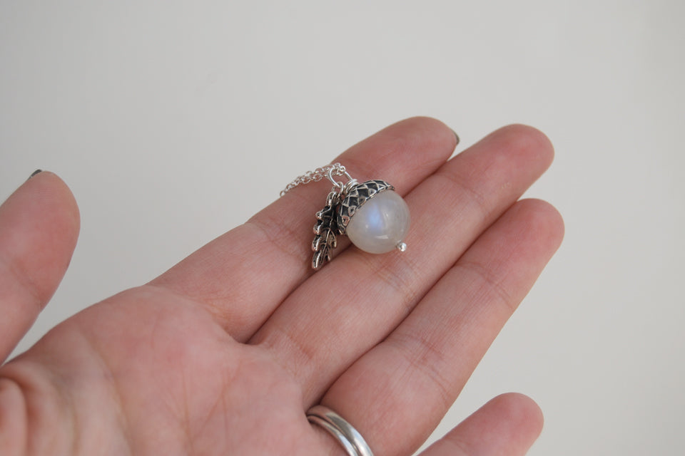 Rainbow Moonstone and Silver Acorn Necklace | Cute Nature Acorn Charm Necklace | Fall Acorn Necklace | Woodland Gemstone Acorn | Nature Jewelry - Enchanted Leaves - Nature Jewelry - Unique Handmade Gifts
