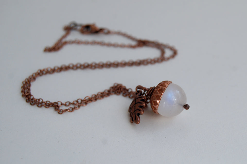 Rainbow Moonstone and Copper Acorn Necklace | Cute Nature Acorn Charm Necklace | Fall Acorn Necklace | Woodland Gemstone Acorn | Nature Jewelry - Enchanted Leaves - Nature Jewelry - Unique Handmade Gifts