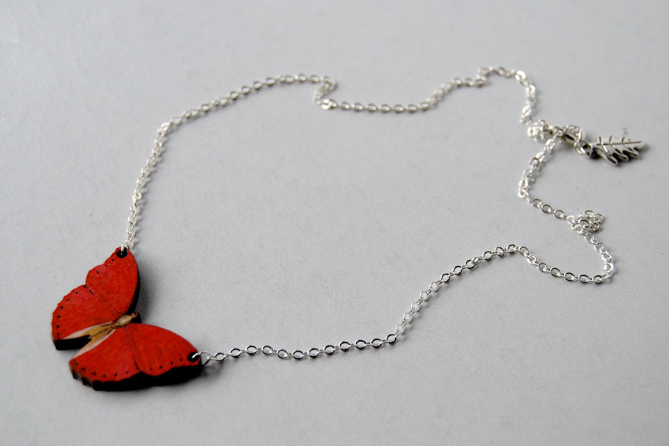 Red Glider Butterfly Necklace | Red Butterfly Pendant | Woodland Butterfly Necklace - Enchanted Leaves - Nature Jewelry - Unique Handmade Gifts