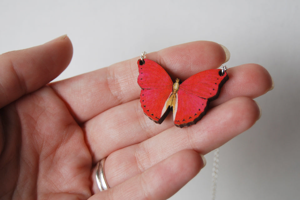 Red Glider Butterfly Necklace | Red Butterfly Pendant | Woodland Butterfly Necklace - Enchanted Leaves - Nature Jewelry - Unique Handmade Gifts