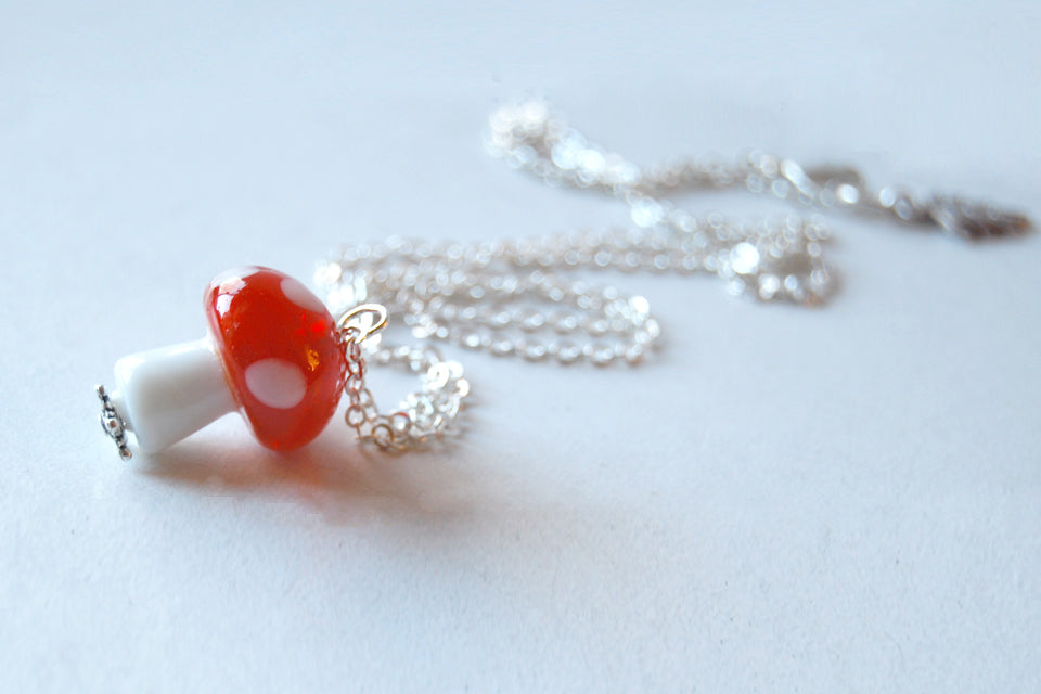 Large Red Glass Mushroom Necklace | Cute Red Toadstool Charm Necklace | Mushroom Jewelry - Enchanted Leaves - Nature Jewelry - Unique Handmade Gifts