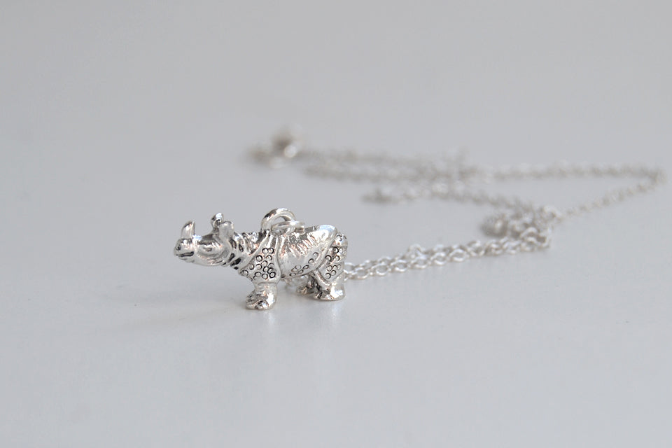 Rhino Necklace | Cute Silver Rhinoceros Charm Necklace | Wildlife Jewelry - Enchanted Leaves - Nature Jewelry - Unique Handmade Gifts