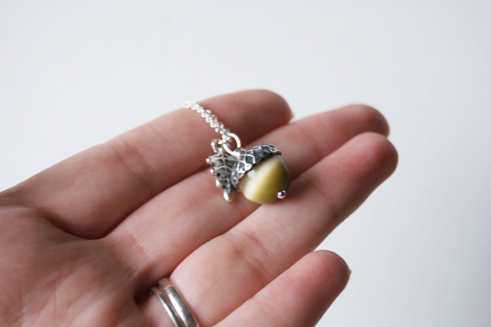 Saffron and Silver Acorn Necklace | Fall Acorn Necklace | Woodland Gemstone Acorn | Nature Jewelry - Enchanted Leaves - Nature Jewelry - Unique Handmade Gifts
