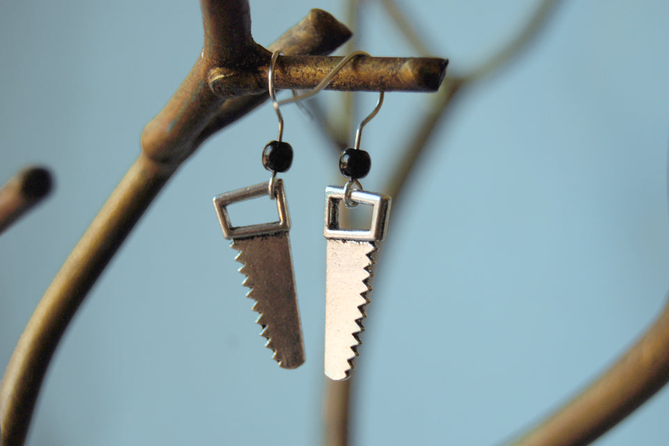 Mini Hand Saw Earrings | Silver Saw Charm Earrings | Tool Jewelry - Enchanted Leaves - Nature Jewelry - Unique Handmade Gifts