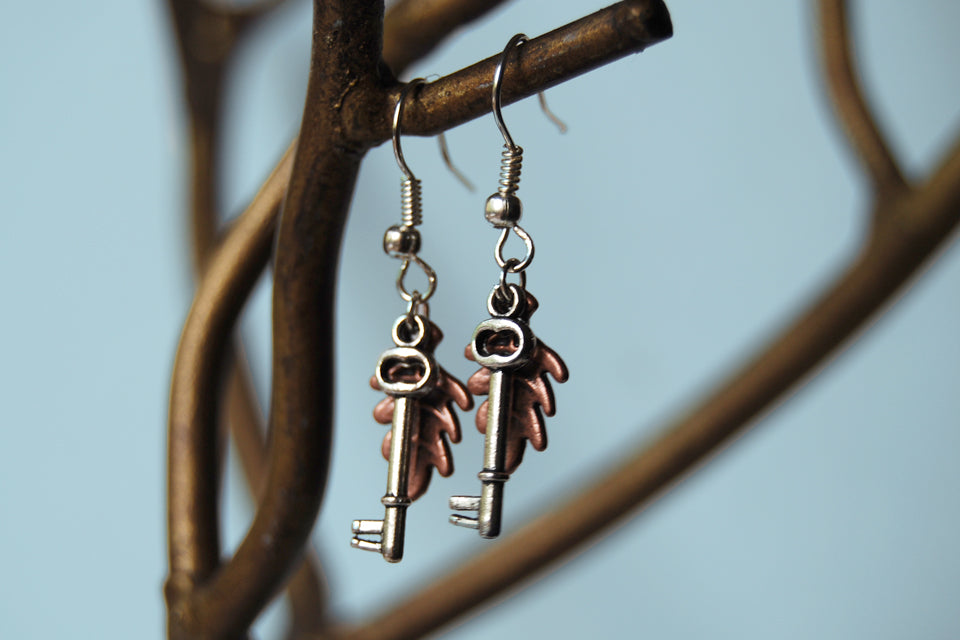 Secret Garden Earrings | Leaf and Key Charm Earrings | Whimsical Forest Jewelry - Enchanted Leaves - Nature Jewelry - Unique Handmade Gifts