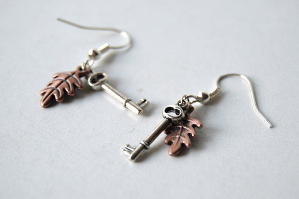 Secret Garden Earrings | Leaf and Key Charm Earrings | Whimsical Forest Jewelry - Enchanted Leaves - Nature Jewelry - Unique Handmade Gifts
