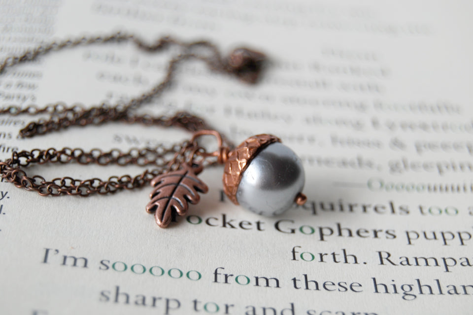Silver and Copper Pearl Acorn Necklace | Cute Nature Acorn Charm Necklace | Fall Acorn Necklace | Woodland Pearl Acorn | Nature Jewelry - Enchanted Leaves - Nature Jewelry - Unique Handmade Gifts