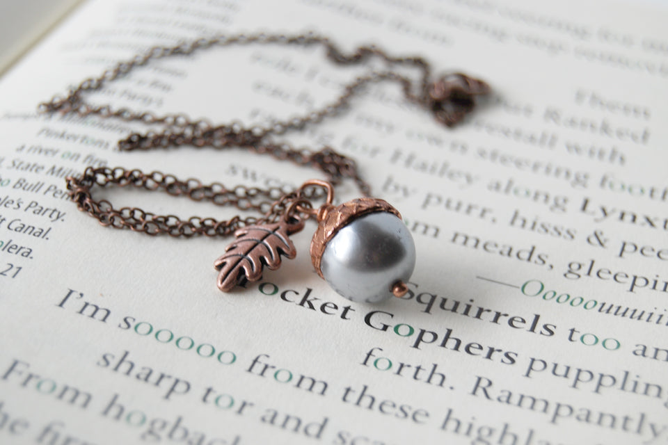Silver and Copper Pearl Acorn Necklace | Cute Nature Acorn Charm Necklace | Fall Acorn Necklace | Woodland Pearl Acorn | Nature Jewelry - Enchanted Leaves - Nature Jewelry - Unique Handmade Gifts