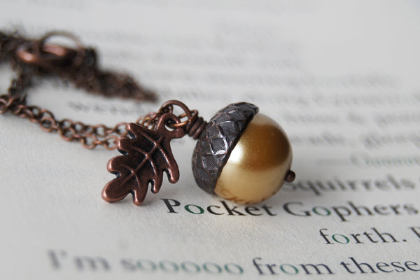 Honey & Copper Acorn Necklace | Nature Jewelry | Woodland Pearl Acorn | Fall Acorn Charm Necklace - Enchanted Leaves - Nature Jewelry - Unique Handmade Gifts