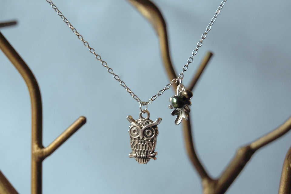 Forest Owl Necklace | Silver Owl Charm | Cute Owl Necklace - Enchanted Leaves - Nature Jewelry - Unique Handmade Gifts