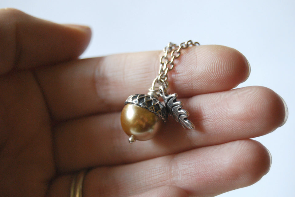Honey & Silver Acorn Necklace | Nature Jewelry | Woodland Pearl Acorn | Fall Acorn Charm Necklace - Enchanted Leaves - Nature Jewelry - Unique Handmade Gifts
