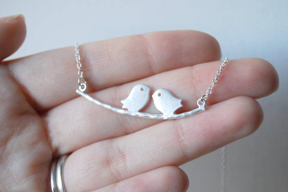 Silver Love Birds | Bird on a Branch Necklace | Mother and Child Necklace | Bird Family Necklace - Enchanted Leaves - Nature Jewelry - Unique Handmade Gifts