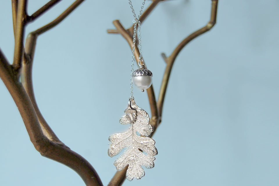 Silver Oak Leaf and Acorn Lariat | Electroformed Nature | Fall Leaf Lariat - Enchanted Leaves - Nature Jewelry - Unique Handmade Gifts