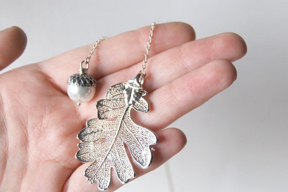 Silver Oak Leaf and Acorn Lariat | Electroformed Nature | Fall Leaf Lariat - Enchanted Leaves - Nature Jewelry - Unique Handmade Gifts