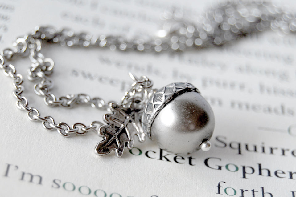 Silver Pearl Acorn Necklace | Cute Nature Acorn Charm Necklace | Fall Acorn Necklace | Woodland Acorn | Nature Jewelry - Enchanted Leaves - Nature Jewelry - Unique Handmade Gifts