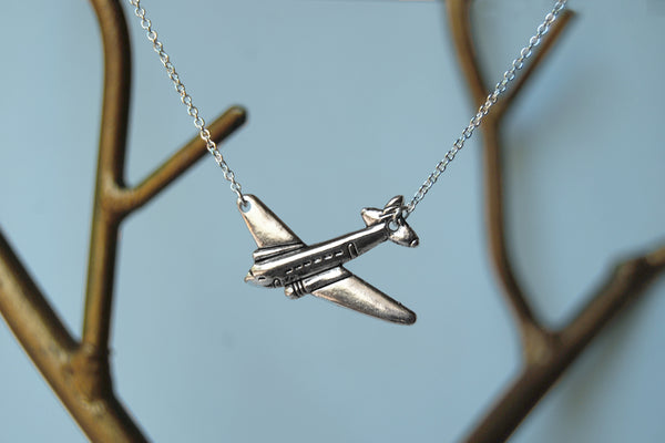 Silver Airplane Necklace | Airplane Charm Necklace | Airplane Jewelry - Enchanted Leaves - Nature Jewelry - Unique Handmade Gifts