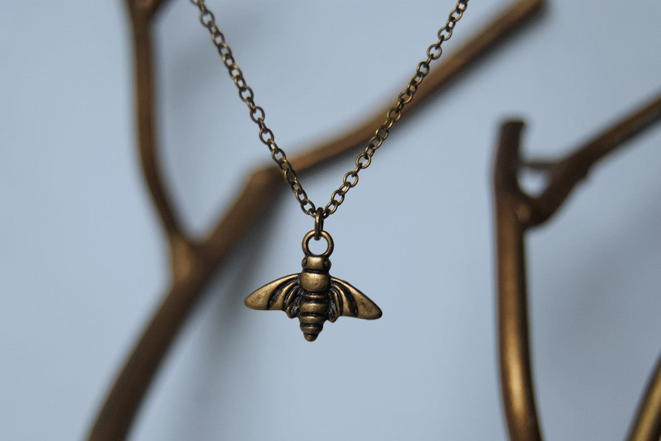 Tiny Brass Bee Charm Necklace - Enchanted Leaves - Nature Jewelry - Unique Handmade Gifts