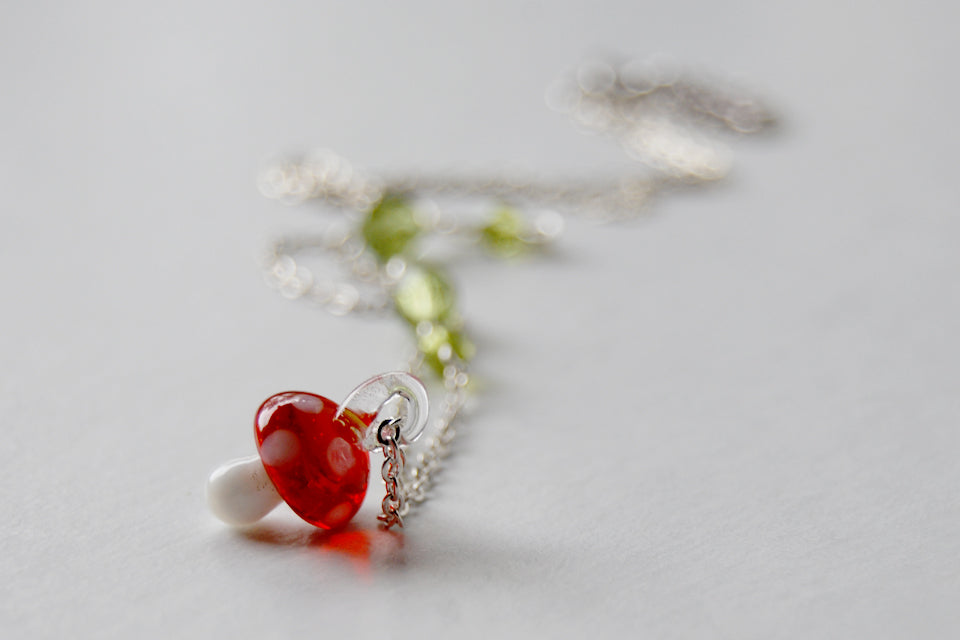 Tiny Glass Mushroom Necklace - Enchanted Leaves - Nature Jewelry - Unique Handmade Gifts