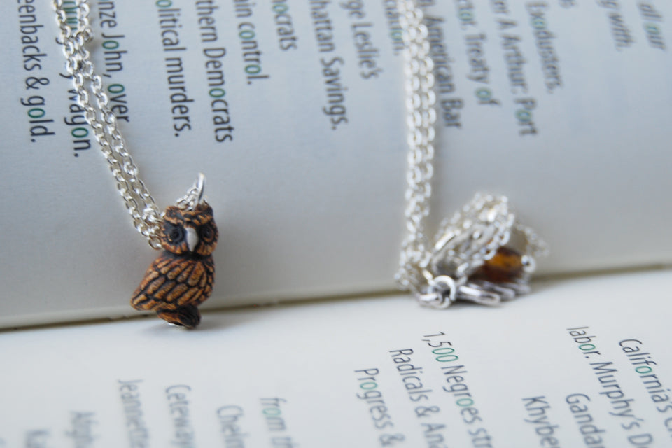 Tiny Night Owl Necklace - Enchanted Leaves - Nature Jewelry - Unique Handmade Gifts