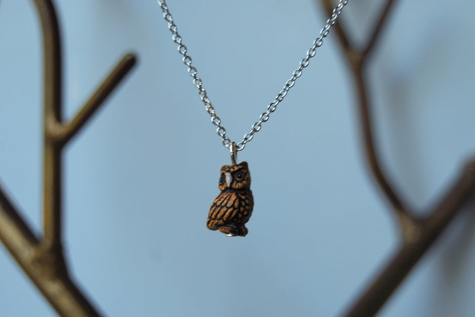 Tiny Night Owl Necklace - Enchanted Leaves - Nature Jewelry - Unique Handmade Gifts