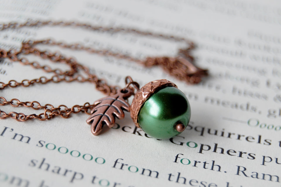 Spring and Copper Pearl Acorn Necklace | Cute Nature Acorn Charm Necklace | Fall Acorn Necklace | Woodland Pearl Acorn | Nature Jewelry - Enchanted Leaves - Nature Jewelry - Unique Handmade Gifts