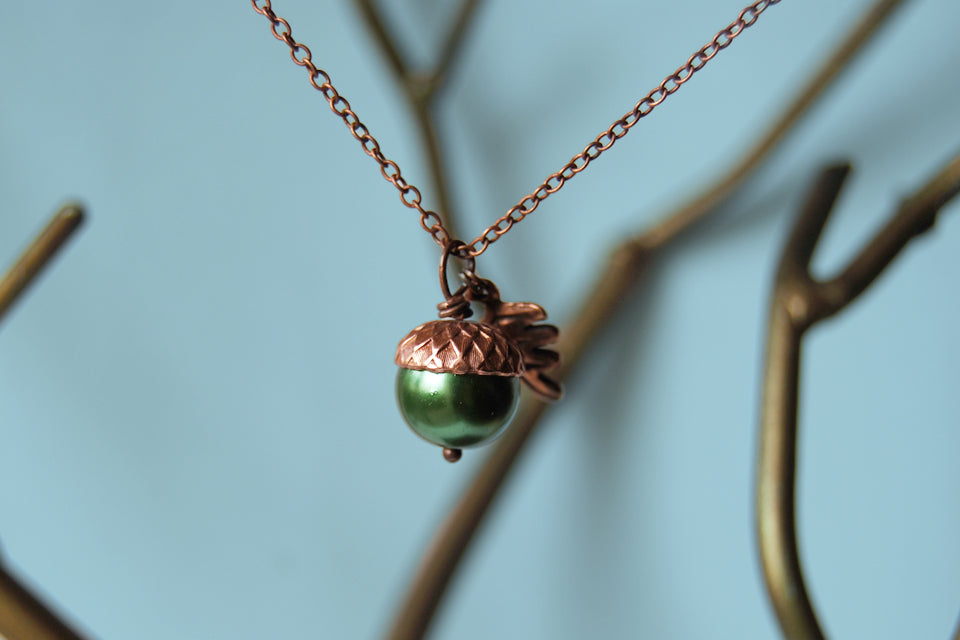 Spring and Copper Pearl Acorn Necklace | Cute Nature Acorn Charm Necklace | Fall Acorn Necklace | Woodland Pearl Acorn | Nature Jewelry - Enchanted Leaves - Nature Jewelry - Unique Handmade Gifts