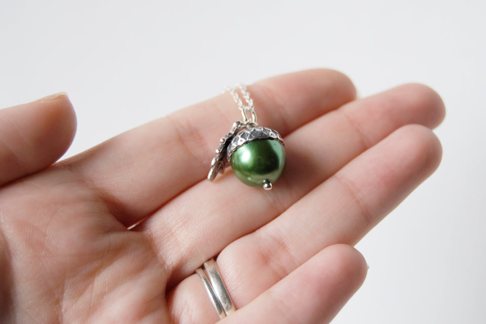 Spring and Silver Pearl Acorn Necklace | Cute Nature Acorn Charm Necklace | Fall Acorn Necklace | Woodland Pearl Acorn | Nature Jewelry - Enchanted Leaves - Nature Jewelry - Unique Handmade Gifts